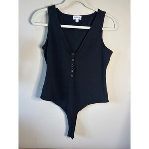 Evereve Black‎ Ribbed V Neck Sleeveless Bodysuit Top Womens Large Made USA